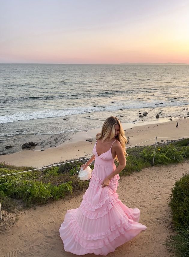 Classy Pink V-Neck Tiered Chiffon Prom Gown Sleeveless A-Line Layered Evening Dress,OLP1825