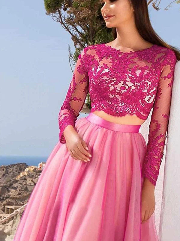 Rose Red Two Pieces Lace Top Long Sleeves Organza A-line Long Evening Prom Dress,OLP1727
