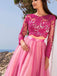 Rose Red Two Pieces Lace Top Long Sleeves Organza A-line Long Evening Prom Dress,OLP1727