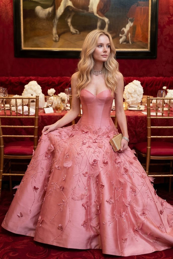 Classy Pink Ball Gown 3D Floral Appliques Sexy Strapless Neckline Prom Dress,OLP2303