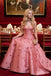 Classy Pink Ball Gown 3D Floral Appliques Sexy Strapless Neckline Prom Dress,OLP2303