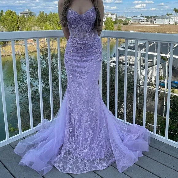 Elegant Spahetti Strap Lavender Applique Mermaid Long Prom Dress Ideas, Evening Party Dresses , OLP1237