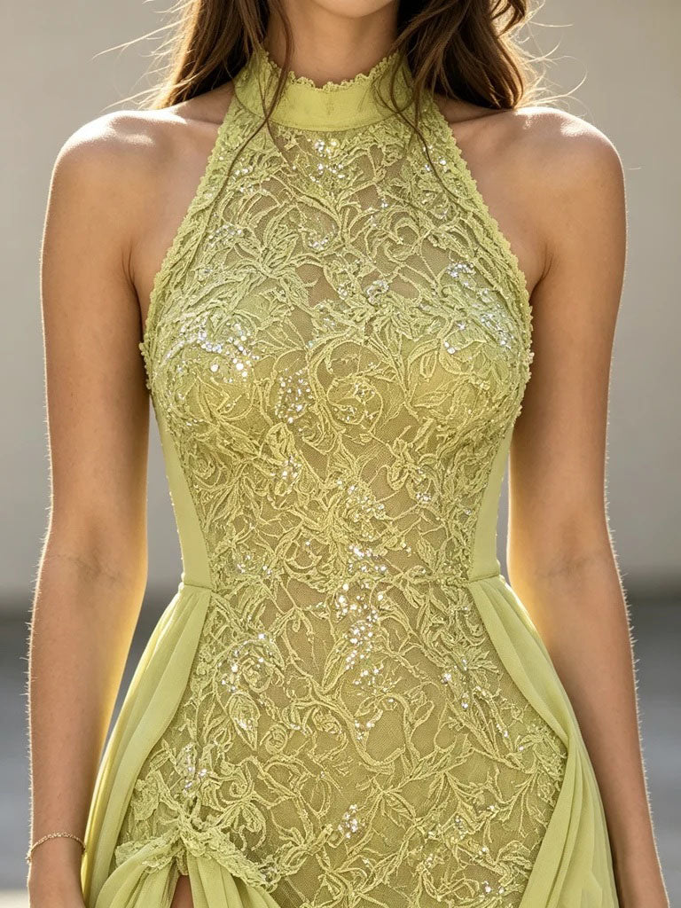 Elegant Lime Green Halter Neck Sleeveless Chiffon Prom Dress with High Slit,OLP2407