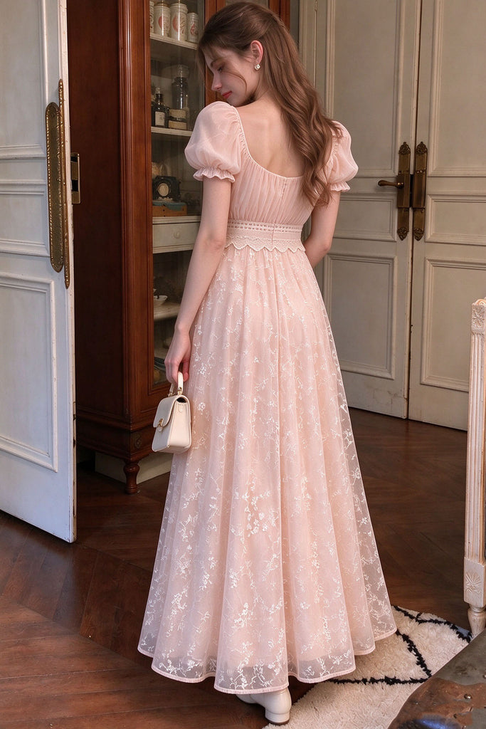 Modern Champagne Pink Puff Sleeve Lace Prom Dress Empire Waist Long Tulle,OLP2447