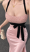 Sexy Pink Sequin Halter High Slit Column Prom Dress Black Bow,OLP253