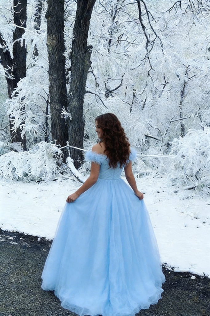 Dreamy Off Shoulder Light Blue Prom Dress Feather Sleeve Tulle A Line Formal Gown,OLP2154