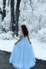 Dreamy Off Shoulder Light Blue Prom Dress Feather Sleeve Tulle A Line Formal Gown,OLP2154