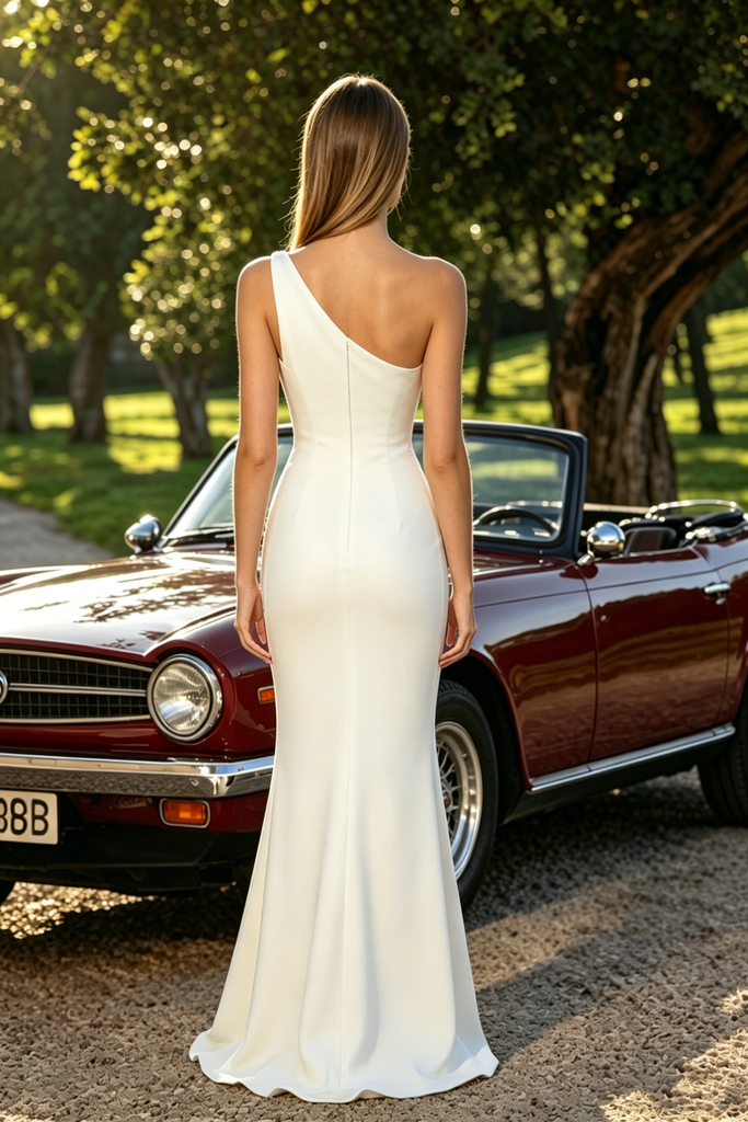Unique Ivory One Shoulder Prom Dress Sequin Trim High Slit Fitted Crepe Gown,OLP2250