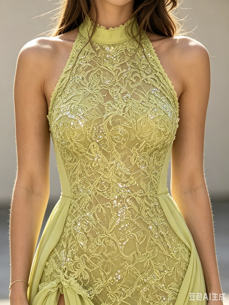 Elegant Lime Green Halter Neck Sleeveless Chiffon Prom Dress with High Slit,OLP2407