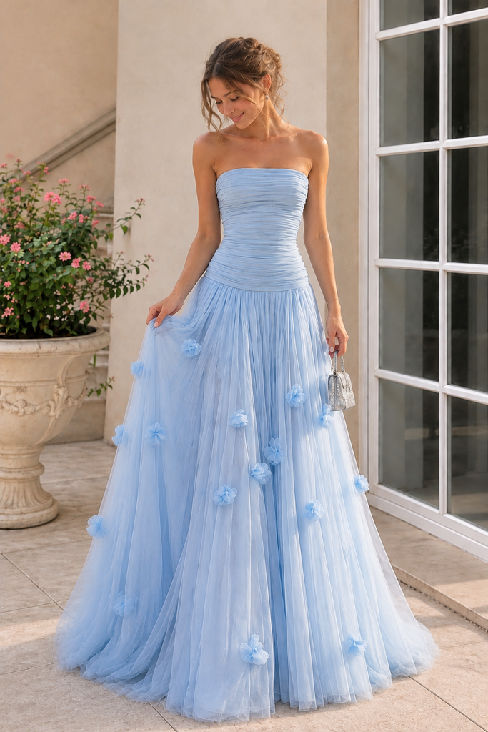 Modern Sky Blue Strapless 3D Floral Tulle Long Prom Dress,OLP2483