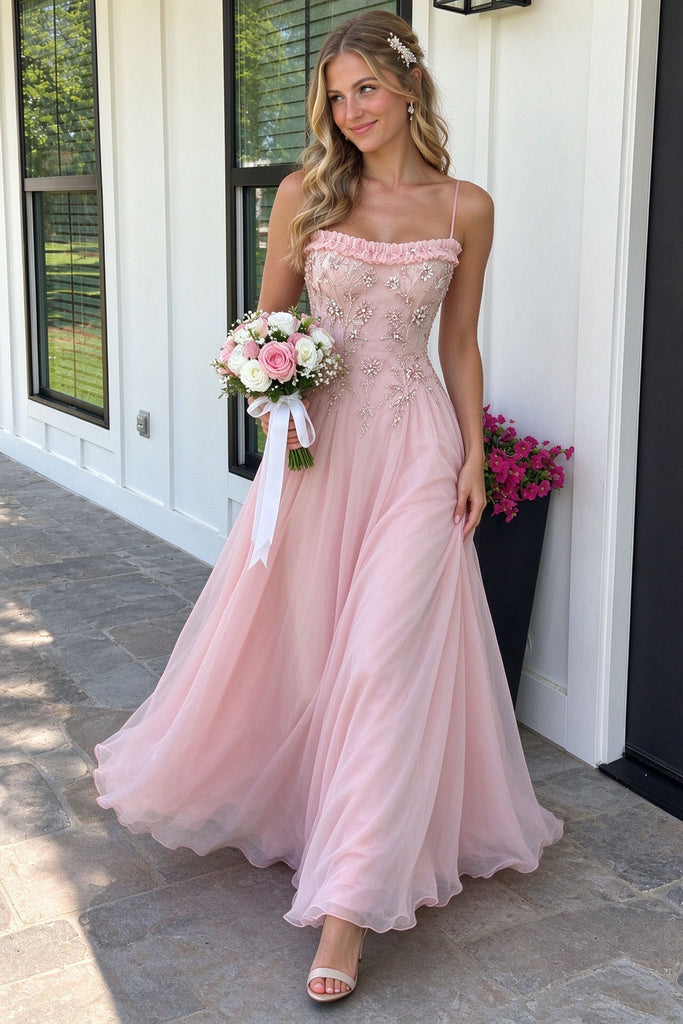 Pretty Pink Embroidered Spaghetti Strap Chiffon Prom Dress,OLP2451