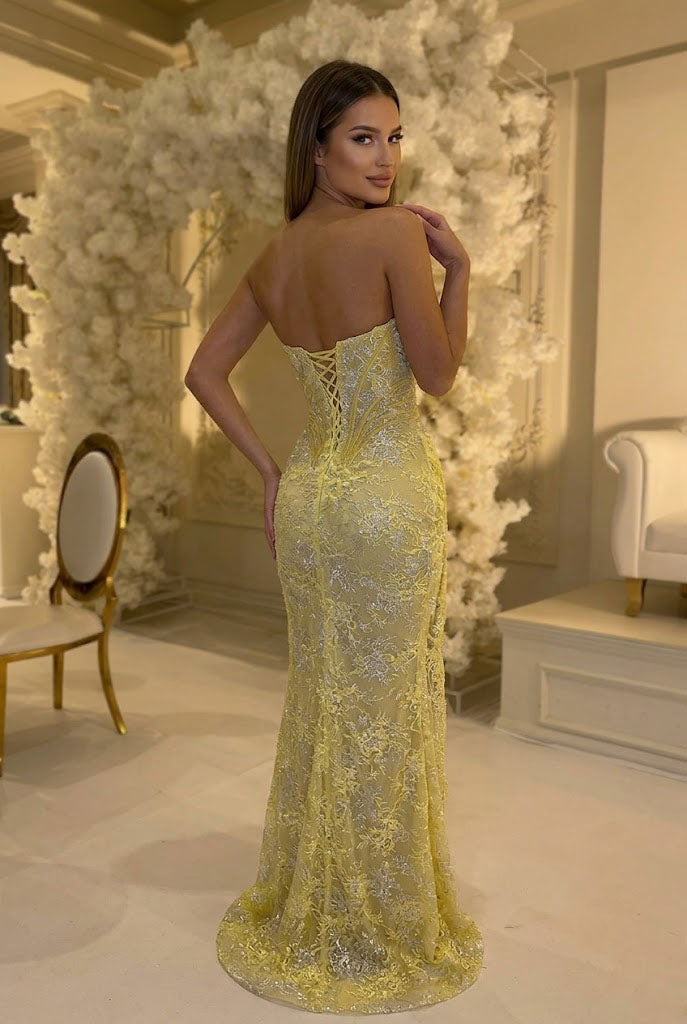 Sexy Yellow Lace High Slit Corset Gown Strapless Modern Formal Prom Dress,OLP2318
