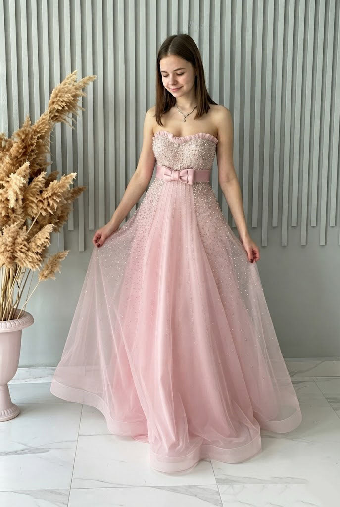 Pretty Pink Beaded Ball Gown Sweetheart Sleeveless Long Prom Dress Bow Belt,OLP2357