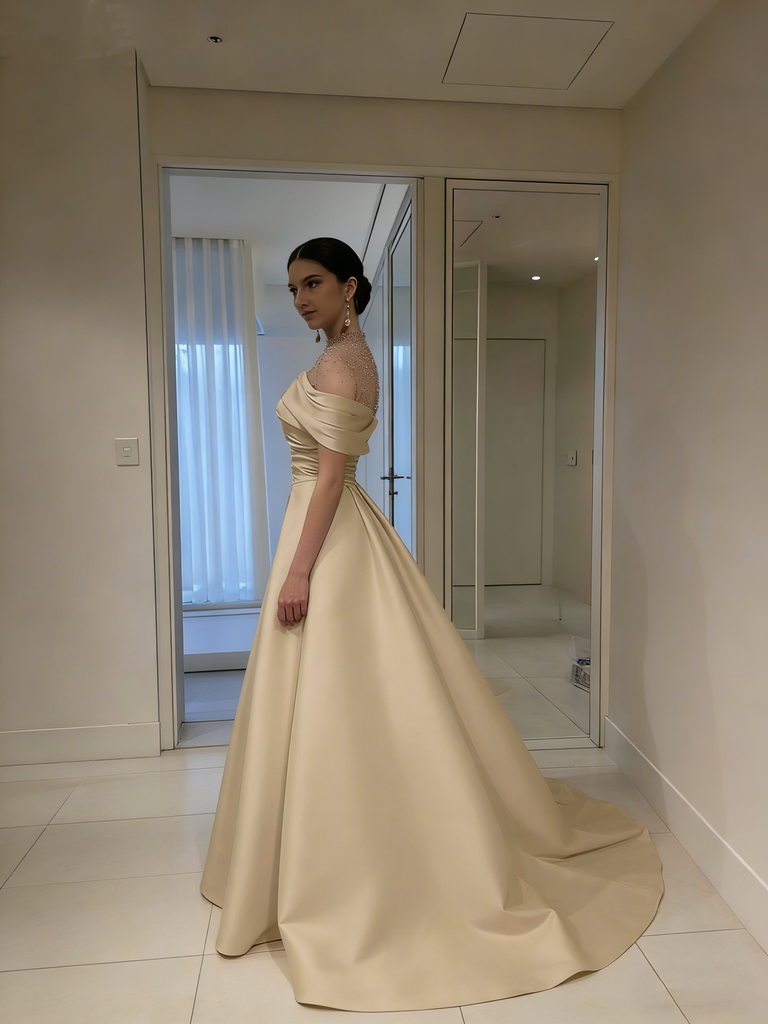 Elegant Champagne Gold Satin Prom Dress with Ruched Bodice,OLP2104
