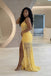 Stunning Yellow Floral Lace Sleeveless V-Neck Sheath High-Slit Prom Dress ,OLP2376