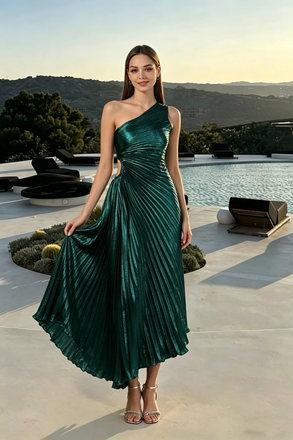 Modern Emerald Green One Shoulder Prom Dress with Pleated Cutout Detail,OLP2232