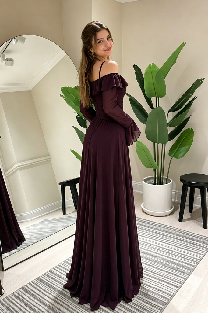 Beautiful Dark Purple Chiffon Prom Dress Off Shoulder Ruffle Sleeve Long,OLP2323