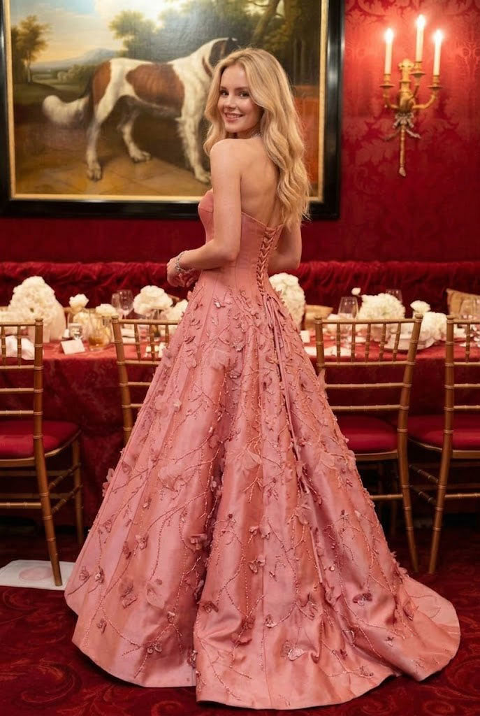 Classy Pink Ball Gown 3D Floral Appliques Sexy Strapless Neckline Prom Dress,OLP2303