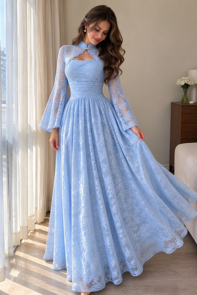 Pretty Light Blue Floral Lace Prom Dress Beautiful Bell Sleeve A-Line Long Formal Party Gown,OLP2443