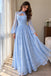 Pretty Light Blue Floral Lace Prom Dress Beautiful Bell Sleeve A-Line Long Formal Party Gown,OLP2443