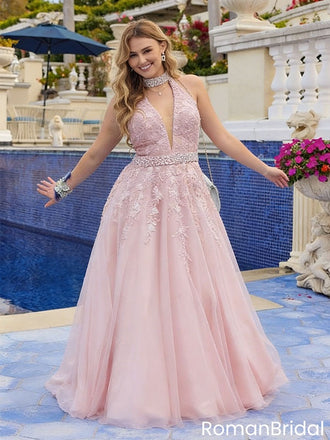 Classy Pink Lace Prom Gown Halter Neck Beaded Waistband Open Back A-Line,OLP1978