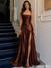 Classy Chocolate Satin Prom Dress Square Neck Sleeveless A Line High Slit Gown,OLP2260