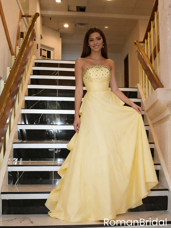 Yellow Strapless Ball Gown Prom Dress Beaded Bodice Satin A-line Formal Gown,OLP2168