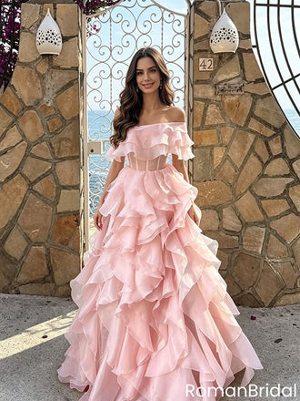 Modern Pink Off-the-Shoulder Ruffled Floor-Length Prom Dress with Corset,OLP2209