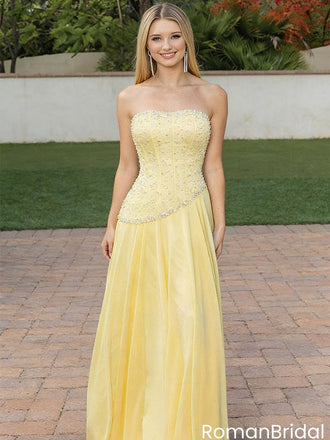 Sparkly Yellow Corset Prom Dress Strapless Beaded Bodice Flowy A-Line Gown,OLP2114