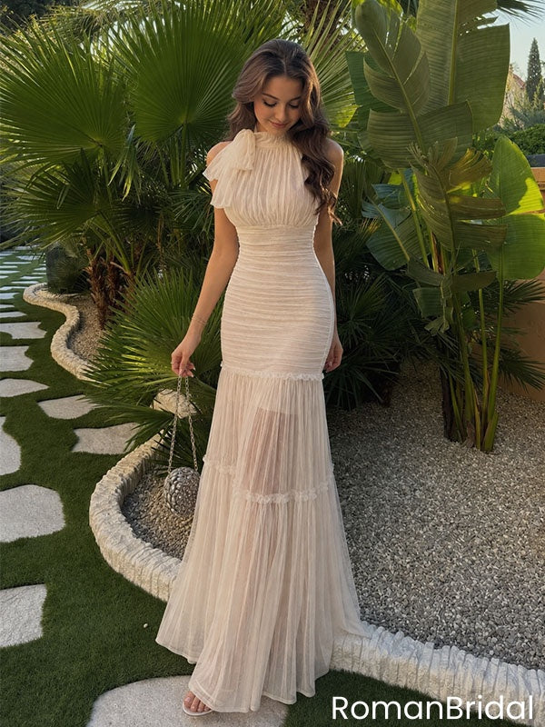 Modern Ivory Bow High Neck Sleeveless Ruched Mermaid Prom Dress Unique Formal,OLP2368