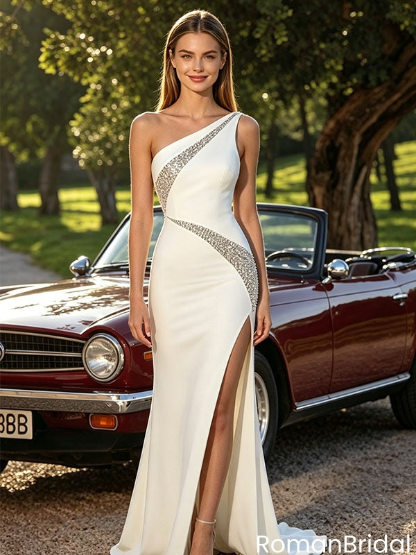Unique Ivory One Shoulder Prom Dress Sequin Trim High Slit Fitted Crepe Gown,OLP2250