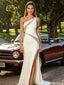 Unique Ivory One Shoulder Prom Dress Sequin Trim High Slit Fitted Crepe Gown,OLP2250