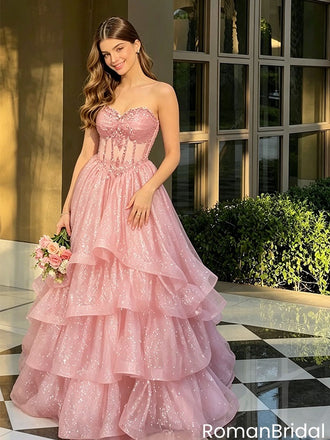 Beautiful Pink Sequin Tiered Ball Gown Strapless Tulle Princess Prom Dress,OLP2229