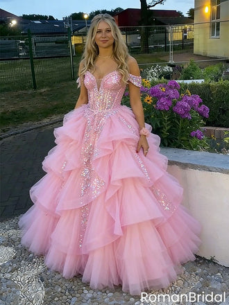 Fancy Pink Layered Tulle Prom Ball Gown Sequin Bodice Off Shoulder Formal Dress,OLP1860