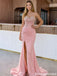Unique Pink Pearl Prom Dress Strapless Corset Slit Mermaid Party Gown,OLP1921