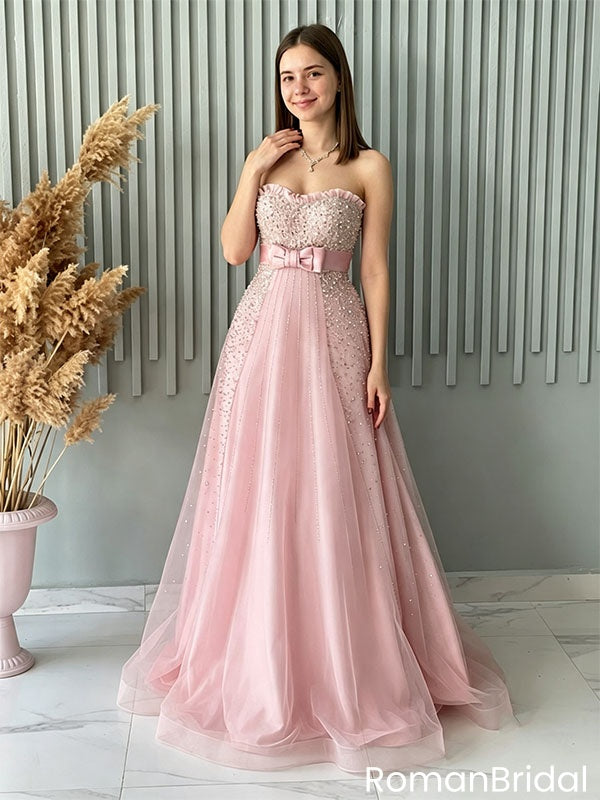 Pretty Pink Beaded Ball Gown Sweetheart Sleeveless Long Prom Dress Bow Belt,OLP2357