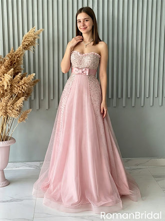 Pretty Pink Beaded Ball Gown Sweetheart Sleeveless Long Prom Dress Bow Belt,OLP2357