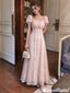 Modern Champagne Pink Puff Sleeve Lace Prom Dress Empire Waist Long Tulle,OLP2447