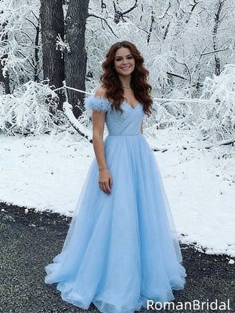 Dreamy Off Shoulder Light Blue Prom Dress Feather Sleeve Tulle A Line Formal Gown,OLP2154