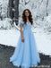 Dreamy Off Shoulder Light Blue Prom Dress Feather Sleeve Tulle A Line Formal Gown,OLP2154