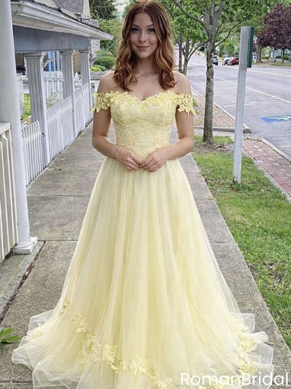Beautiful Off-the-Shoulder Light Yellow Prom Dress with Floral Lace Applique,OLP1867