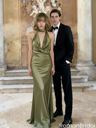 Classy Halter Sage Green Silk Satin Prom Gown Cowl Neck Backless Dress,OLP2142