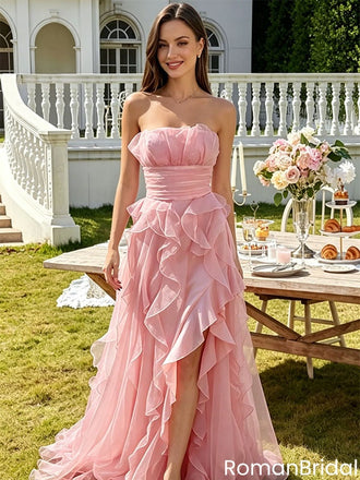 Unique Strapless Tiered Organza Ruffles A-Line Pink Prom Dress,OLP2215