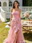 Unique Strapless Tiered Organza Ruffles A-Line Pink Prom Dress,OLP2215