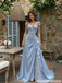 Beautiful Dusty Blue Satin A Line Prom Dress Classy Off Shoulder Embroidered Maxi,OLP2310