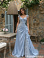 Beautiful Dusty Blue Satin A Line Prom Dress Classy Off Shoulder Embroidered Maxi,OLP2310