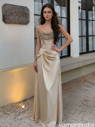 Unique Champagne Gold Satin Prom Dress Strapless Corset Bodice Draped Skirt,OLP1965