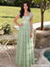 Fancy Sage Green Tulle Square Neck Flutter Sleeve Long Prom Dress with Lace Applique,OLP2365