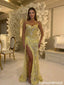 Sexy Yellow Lace High Slit Corset Gown Strapless Modern Formal Prom Dress,OLP2318