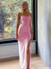 Elegant Light Pink Ruched Prom Dress Spaghetti Strap High Slit Mesh Party Gown,OLP2074